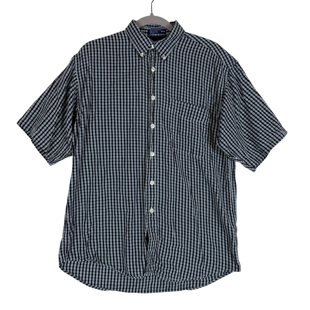 Haggar Shirt Mens Medium Blue Check Short Sleeve Button Down Cotton Casual